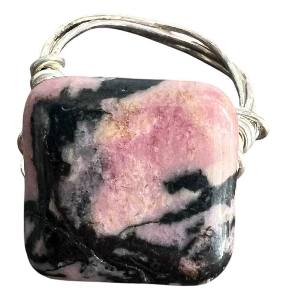 Handmade funky pink and black stone rhodonite and wire ring - size 6